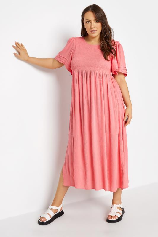 LIMITED COLLECTION Curve Coral Pink Crinkle Angel Sleeve Dress_B.jpg