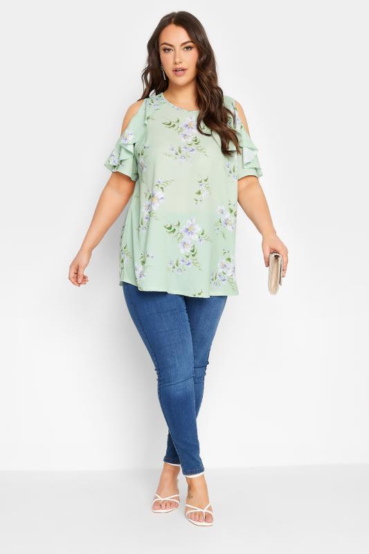 YOURS LONDON Plus Size Green Floral Frill Cold Shoulder Top | Yours Clothing 2
