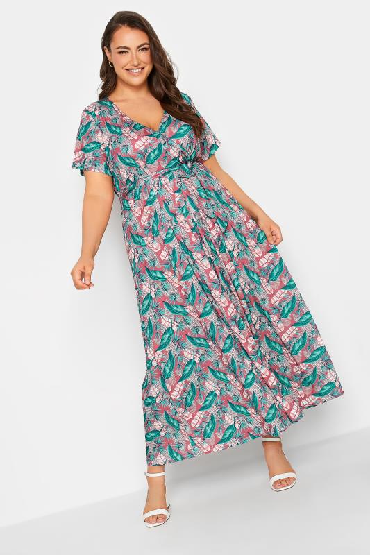 Plus Size  YOURS Curve Pink Leaf Print Maxi Wrap Dress