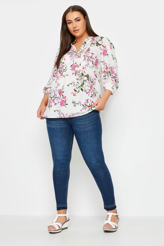 YOURS Plus Size Pink & White Floral Print Pintuck Blouse | Yours Clothing 2