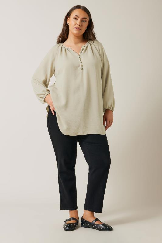 EVANS Plus Size Natural Brown Button Front Long Sleeve Blouse | Evans 3