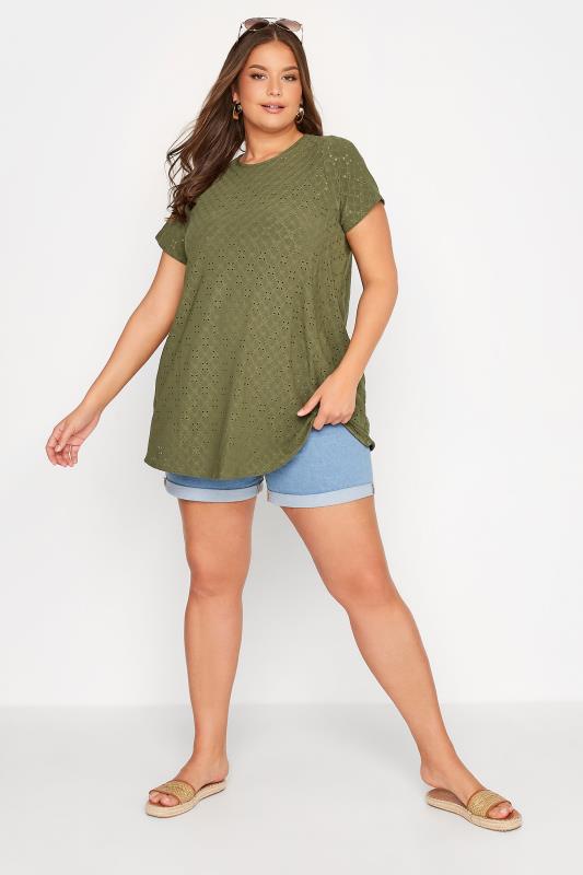 Curve Khaki Green Broderie Anglaise Swing T-Shirt 2