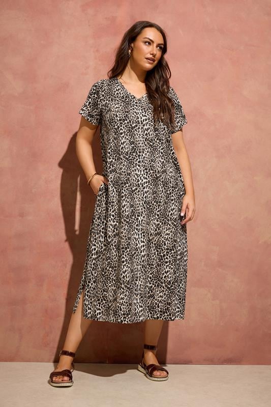  EVANS vestido de algodón con estampado de leopardo marrón natural