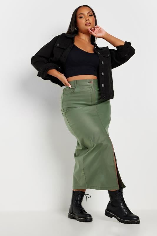 YOURS Plus Size Khaki Green Coated Split Hem Midaxi Skirt | Yours Clothing 2