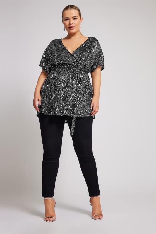 YOURS LONDON Plus Size Silver Sequin Wrap Top Yours Clothing