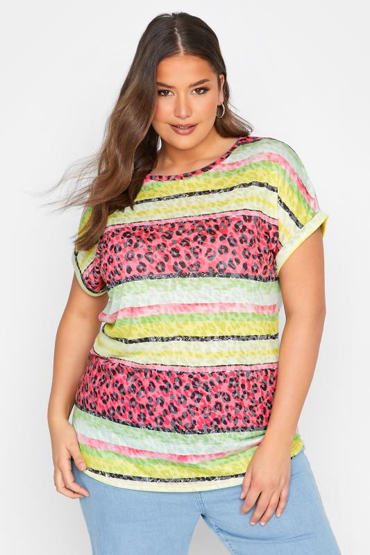 Plus Size Pink Leopard Print Stripe Short Sleeve T-Shirt | Yours Clothing  1