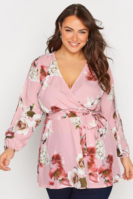 YOURS LONDON Plus Size Pink Floral Split Sleeve Wrap Top | Yours Clothing 1