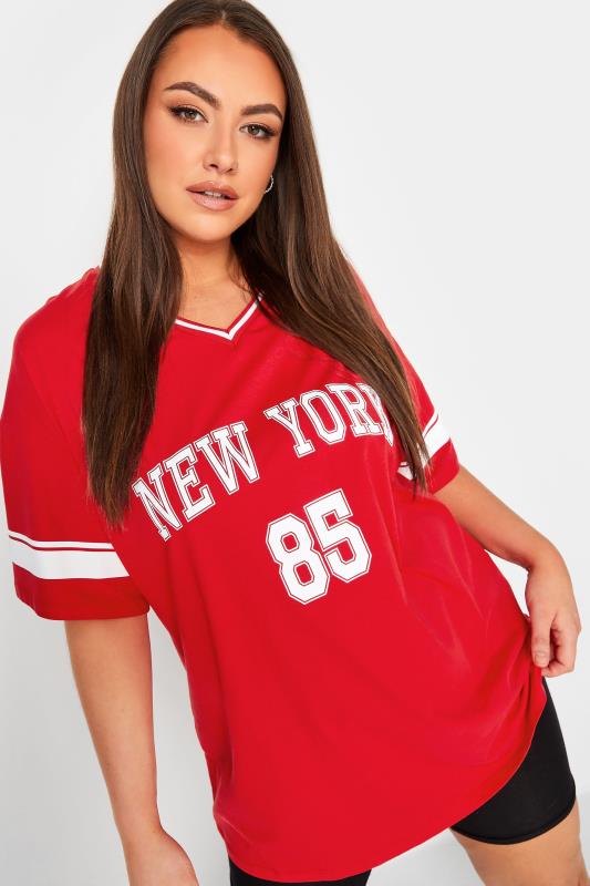 YOURS Curve Plus Size Red 'New York' Slogan Varsity T-Shirt | Yours Clothing 4