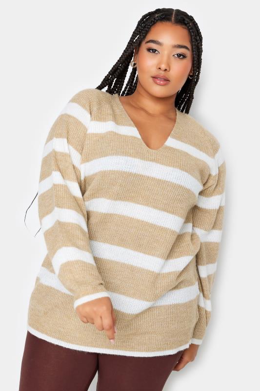YOURS Plus Size Beige Brown Stripe Knitted Jumper | Yours Clothing 1