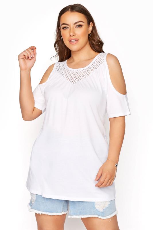 Jersey Tops dla puszystych White Cold Shoulder Crochet Lace Top