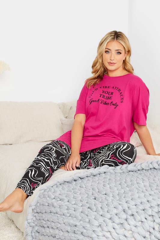 Plus Size  Curve Pink & Black 'Good Vibes Only' Slogan Pyjama Set