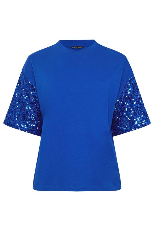 LIMITED COLLECTION Plus Size Cobalt Blue Sequin Sleeve T-Shirt | Yours Clothing 5