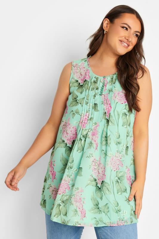 Plus Size  YOURS Curve Mint Green Floral Pintuck Sleeveless Blouse
