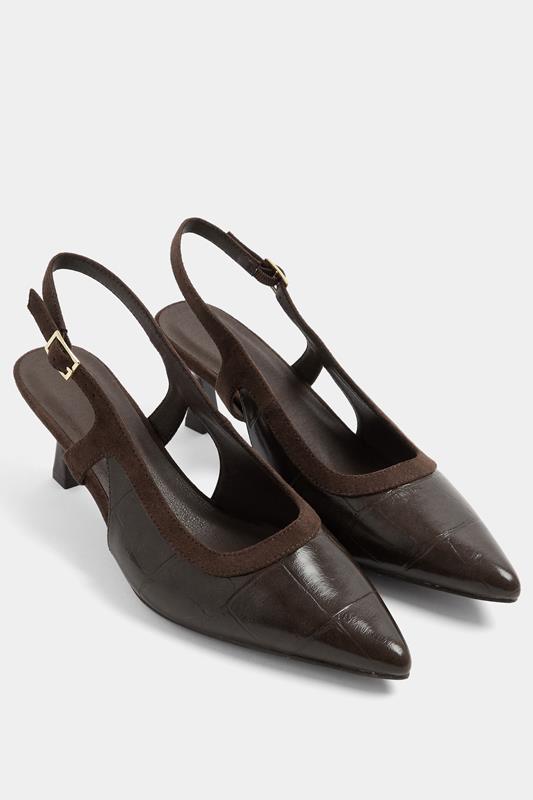  Chocolate Brown Croc Embossed Sling Back Heels In Wide E Fit