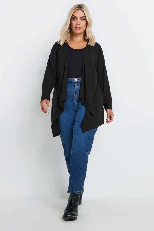 YOURS Plus Size Black Ribbed Waterfall Cardigan | Yours Clothing 2