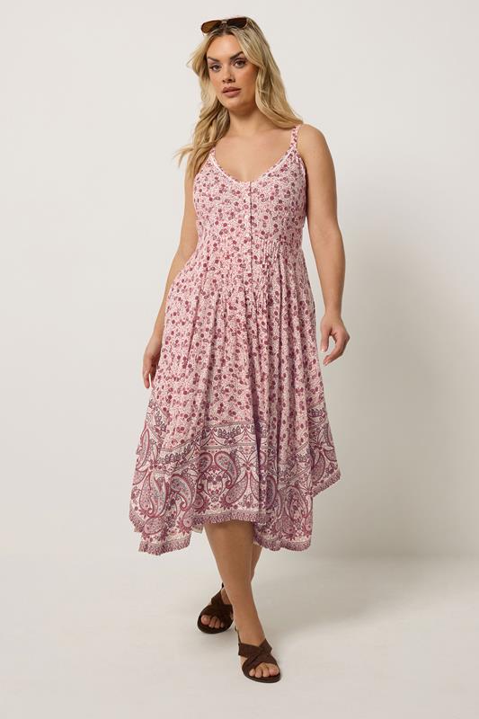 YOURS Plus Size Pink Paisley Print Hanky Hem Dress | Yours Clothing 1