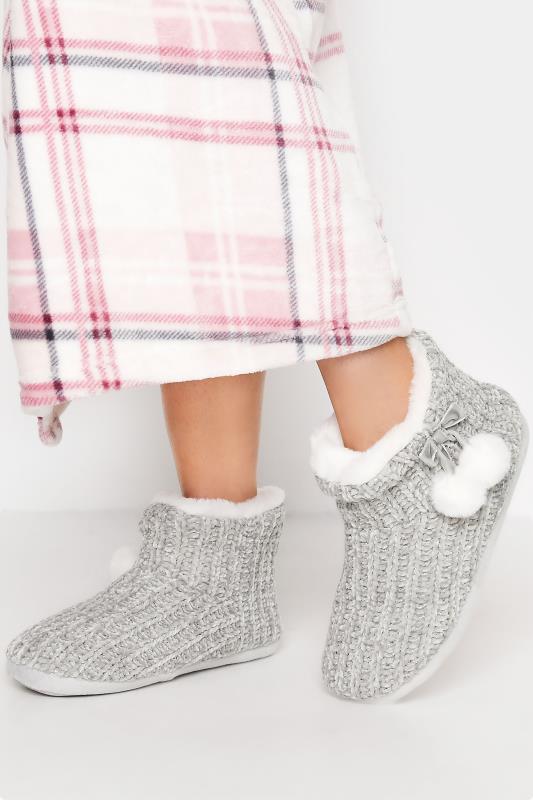 LTS Grey Pom Pom Boot Slippers In Standard D Fit 1
