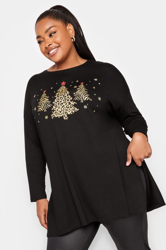  Grande Taille YOURS Curve Black Animal Print Christmas Tree Novelty T-Shirt