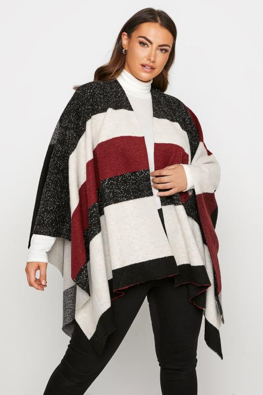Plus Size  Grey & Red Colour Block Knitted Wrap Shawl