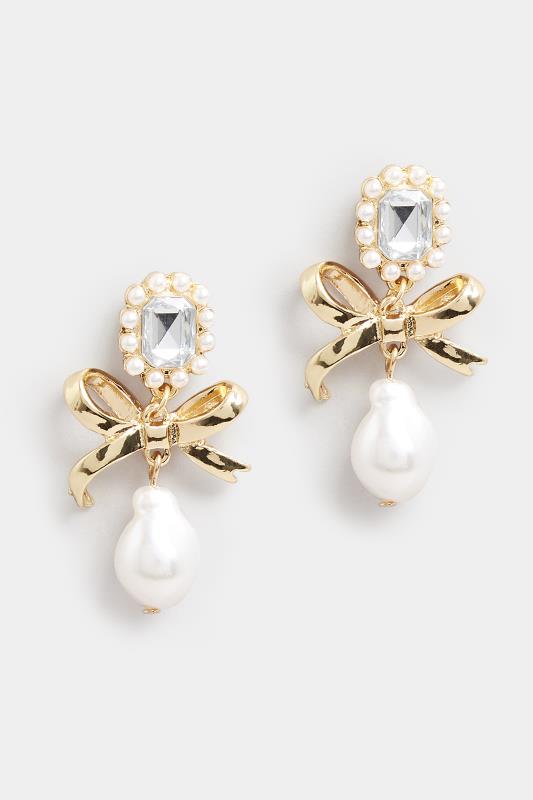 Gold Bow Pearl Drop Earrings | Yours Clothing  2