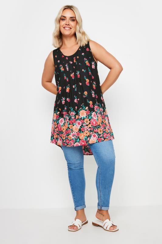 YOURS Plus Size Black Floral Print Dipped Hem Pleated Vest | Yours Clothing 2