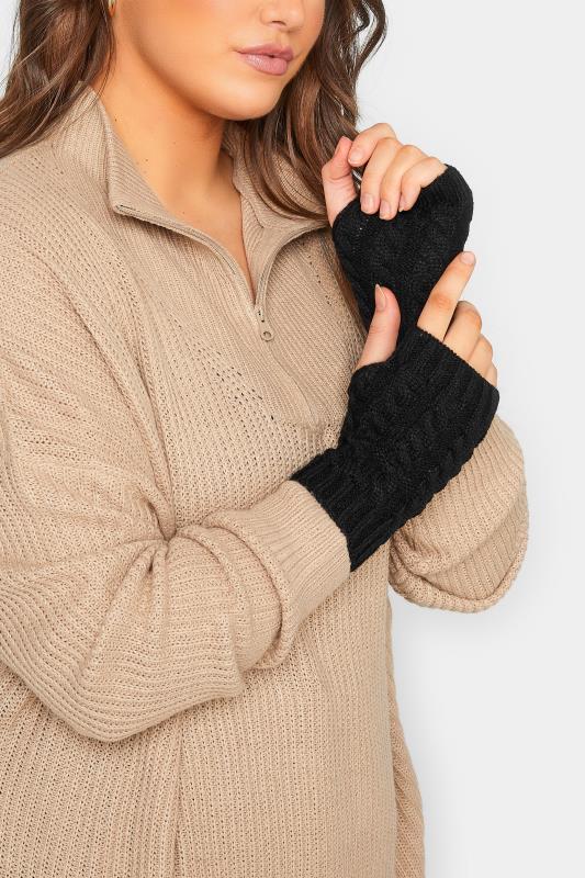  Grande Taille Black Fingerless Cable Knit Gloves