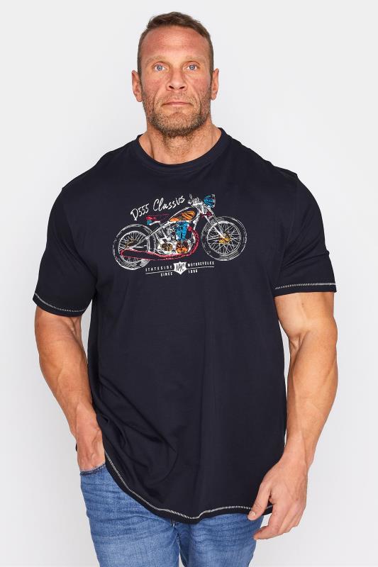  Grande Taille D555 Big & Tall Navy Blue Motorbike Print T-Shirt