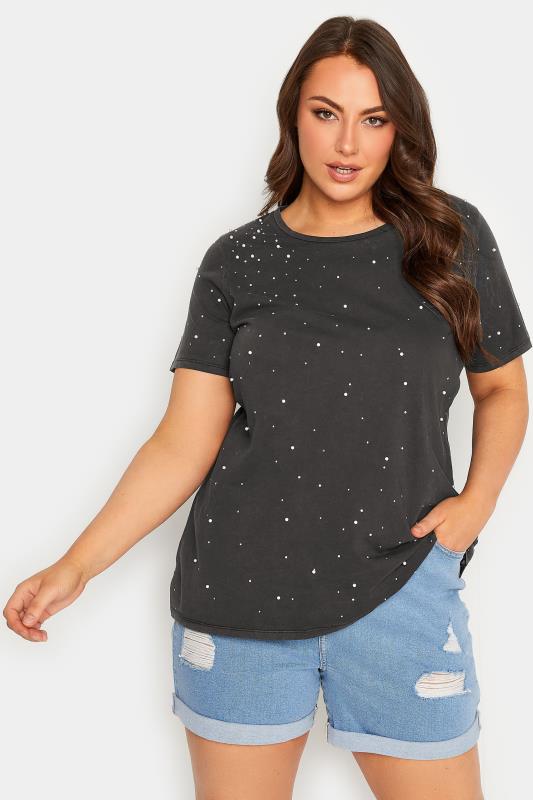 Plus Size Black Acid Wash Embellished T-Shirt | Yours Clothing 1