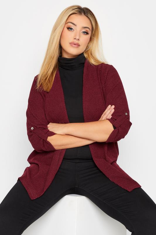 Curve Plus Size Burgundy Red Ribbed Cardigan | Yours Clothing  1