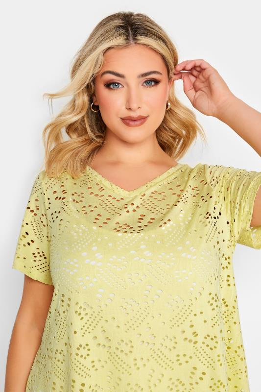 YOURS Curve Plus Size Yellow Broderie Anglaise Swing V-Neck T-Shirt | Yours Clothing  4