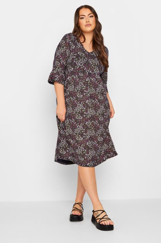 Plus Size Black Ditsy Print Frill Sleeve Midaxi Dress | Yours Clothing 1