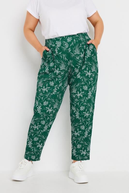 Plus Size  YOURS Curve Green Leaf Print Double Pleat Trousers