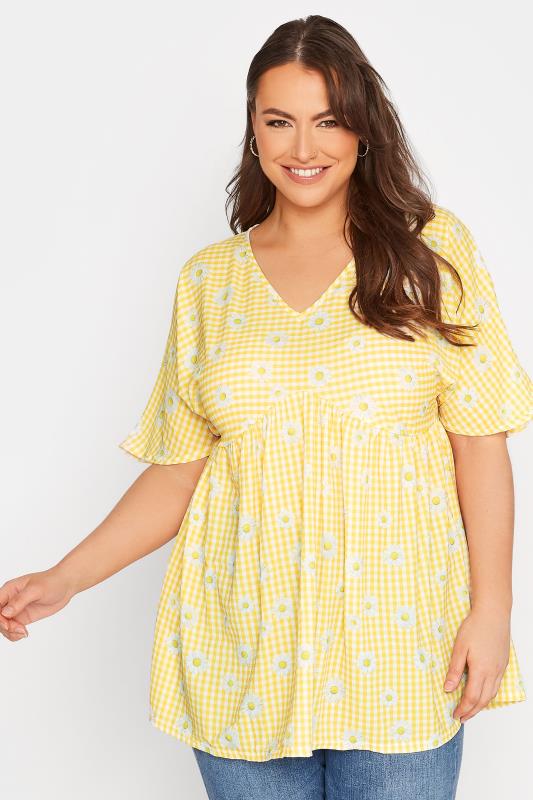 LIMITED COLLECTION Lemon Yellow Gingham Floral Top | Yours Clothing 1
