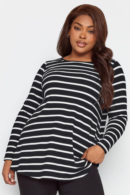 YOURS Plus Size Black Stripe Print Ribbed Swing Top | Yours Clothing 1