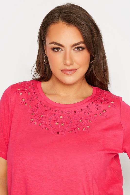 Plus Size Hot Pink Broderie Anglaise Neckline T-Shirt | Yours Clothing 4