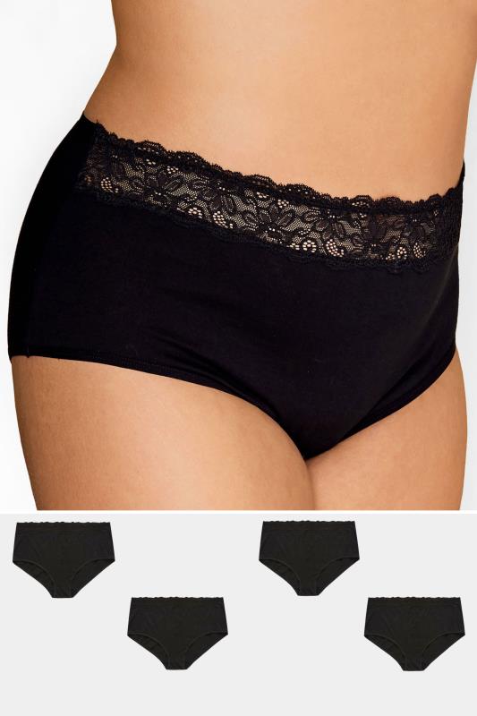 4 PACK Black Lace Trim High Waisted Full Briefs  | Yours Clothing 1
