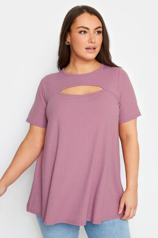  Grande Taille YOURS Curve Pink Ribbed Cut Out T-Shirt