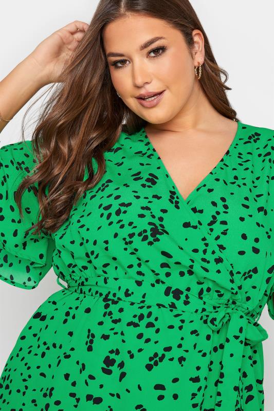 Plus Size Bright Green Dalmatian Print Wrap Top | Yours Clothing 4