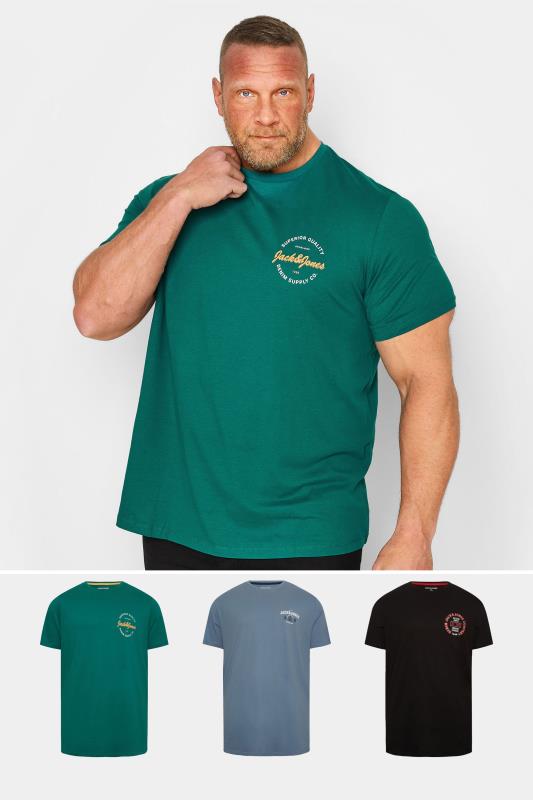  Tallas Grandes JACK & JONES Big & Tall Green & Black 3 Pack T-Shirts