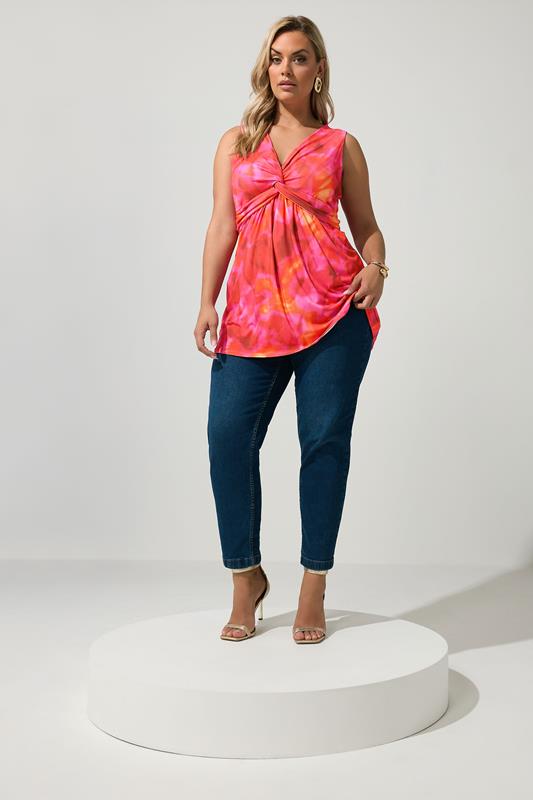YOURS LONDON Plus Size Pink Abstract Sleeveless Knot Front Top | Yours Clothing 1