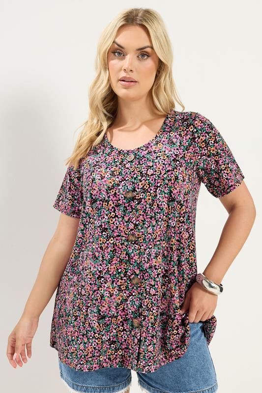  YOURS camiseta acanalada rosa con florecillas