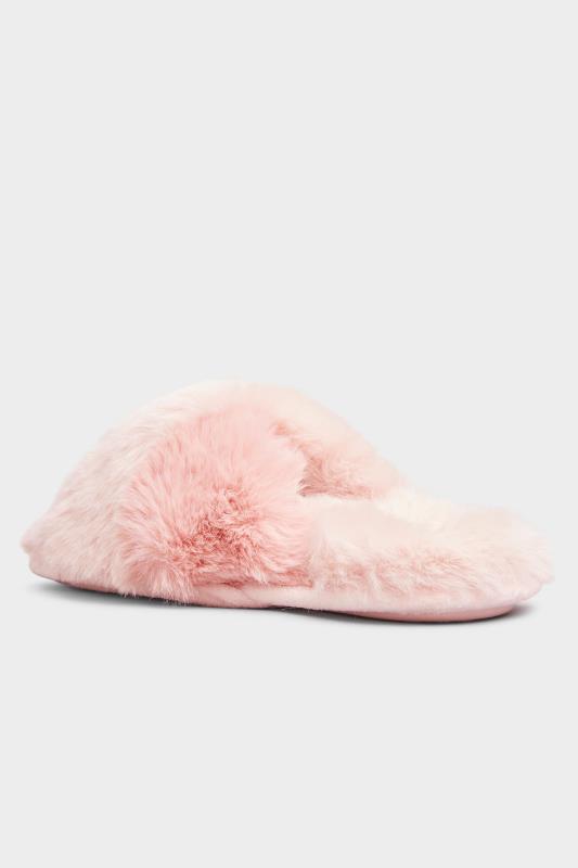 LTS Pink Faux Fur Cross Strap Slippers In Standard D Fit | Long Tall Sally  5