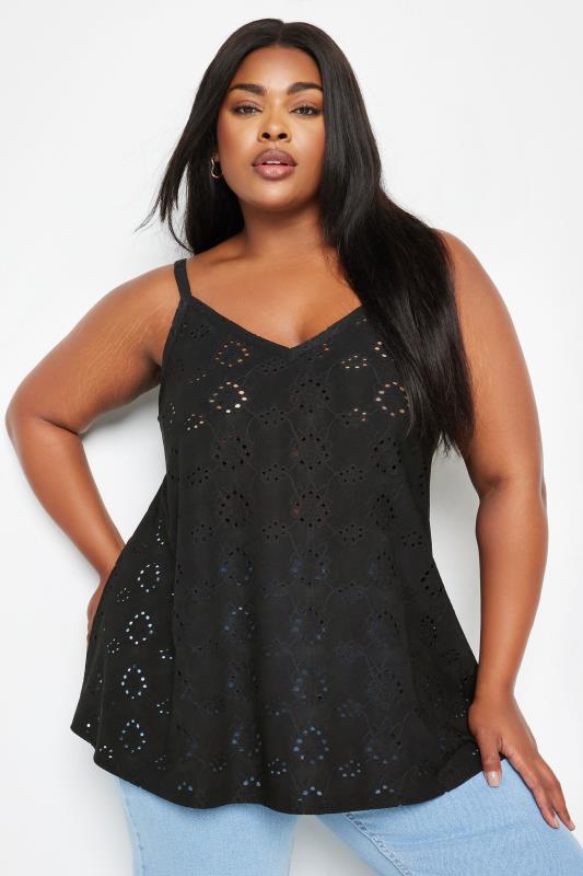 YOURS Plus Size Black Broderie Anglaise Swing Cami Top | Yours Clothing 1