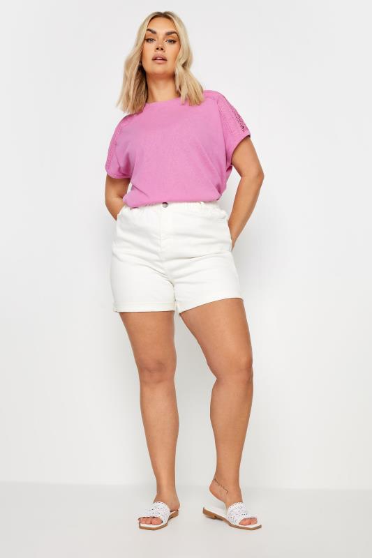 YOURS Plus Size Pink Crochet Detail Linen T-Shirt | Yours Clothing 2