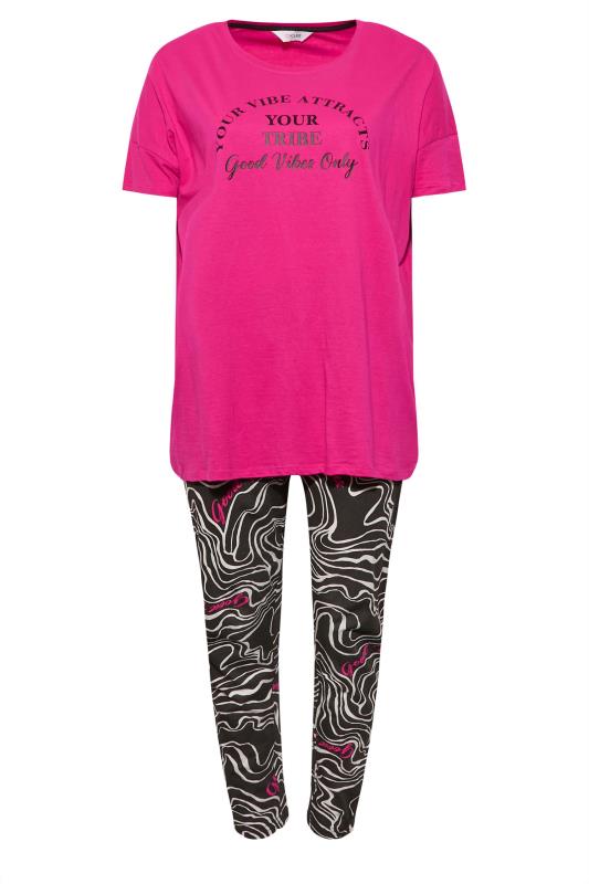 Plus Size Pink & Black 'Good Vibes Only' Slogan Pyjama Set | Yours Clothing 6