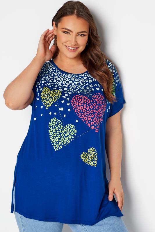 Plus Size Blue Leopard Heart Printed T-shirt | Yours Clothing 4
