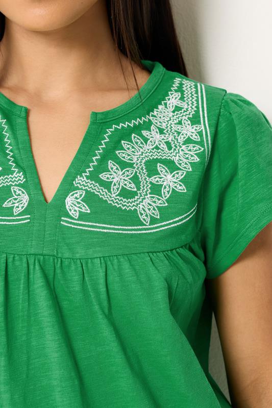 M&Co Petite Green Embroidered Cotton Notch Neck Top | M&Co 4