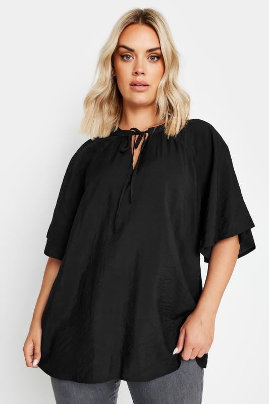 YOURS Plus Size Black Tie Neck Angel Sleeve Blouse | Yours Clothing  2