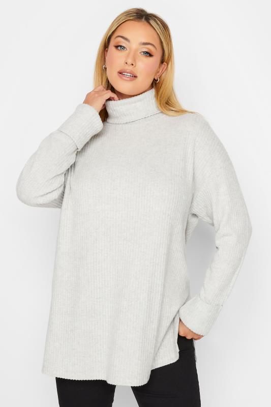Plus Size  YOURS Curve Light Grey Soft Touch Ribbed Turtle Neck Top