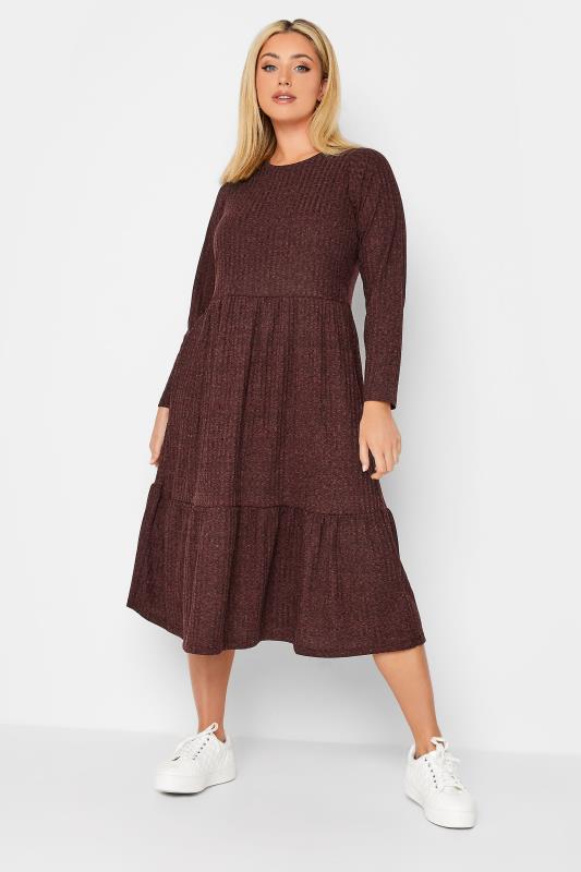 Curve Plus Size Burgundy Red Ribbed Midi Tier Dress